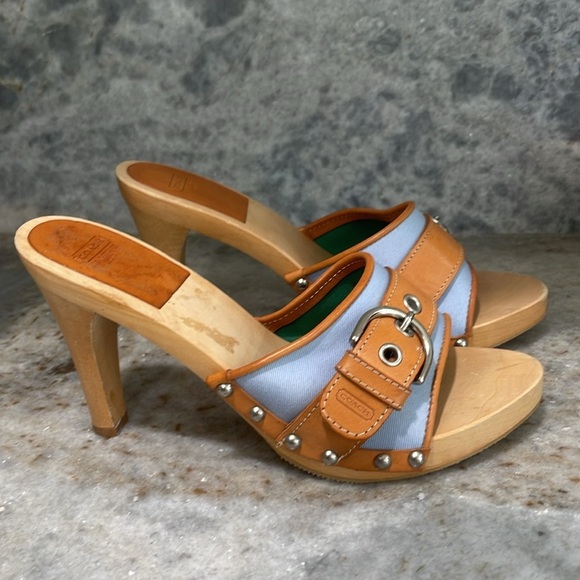 Coach Jackie Twill Pool Blue Canvas/Natural Leather Studded Open-toe Mule - Picture 2 of 6